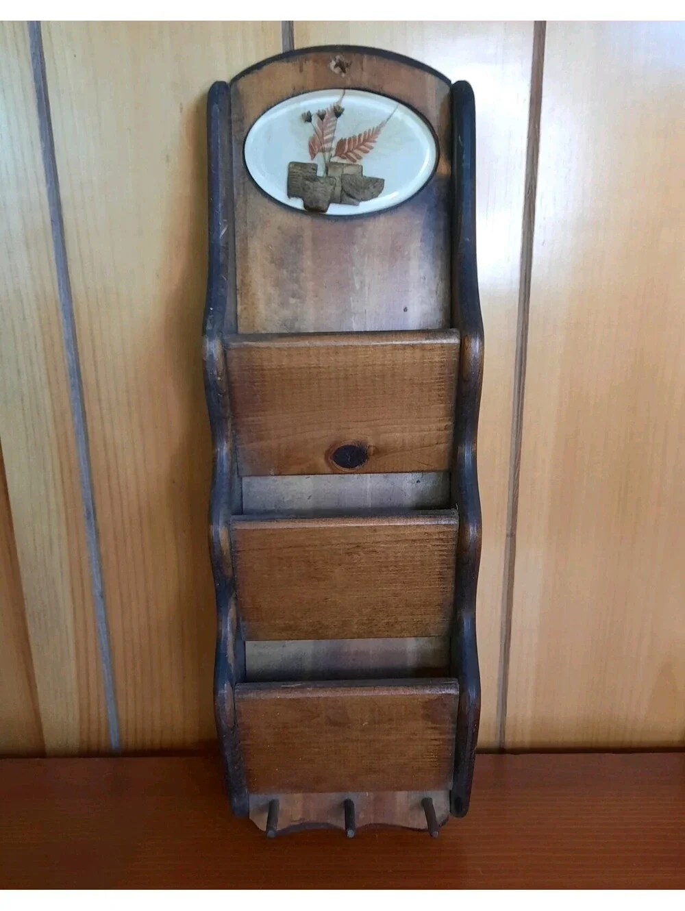 Vintage MCM Wood 3 Pocket Lucite Letter Holder, Key Holder